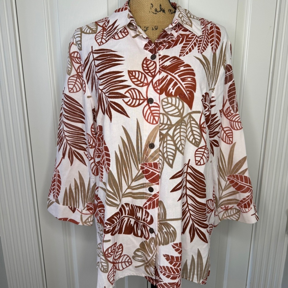 Alfred Dunner Women's Tropical Leaf Print Button Down Shirt Size 16 Linen Blend